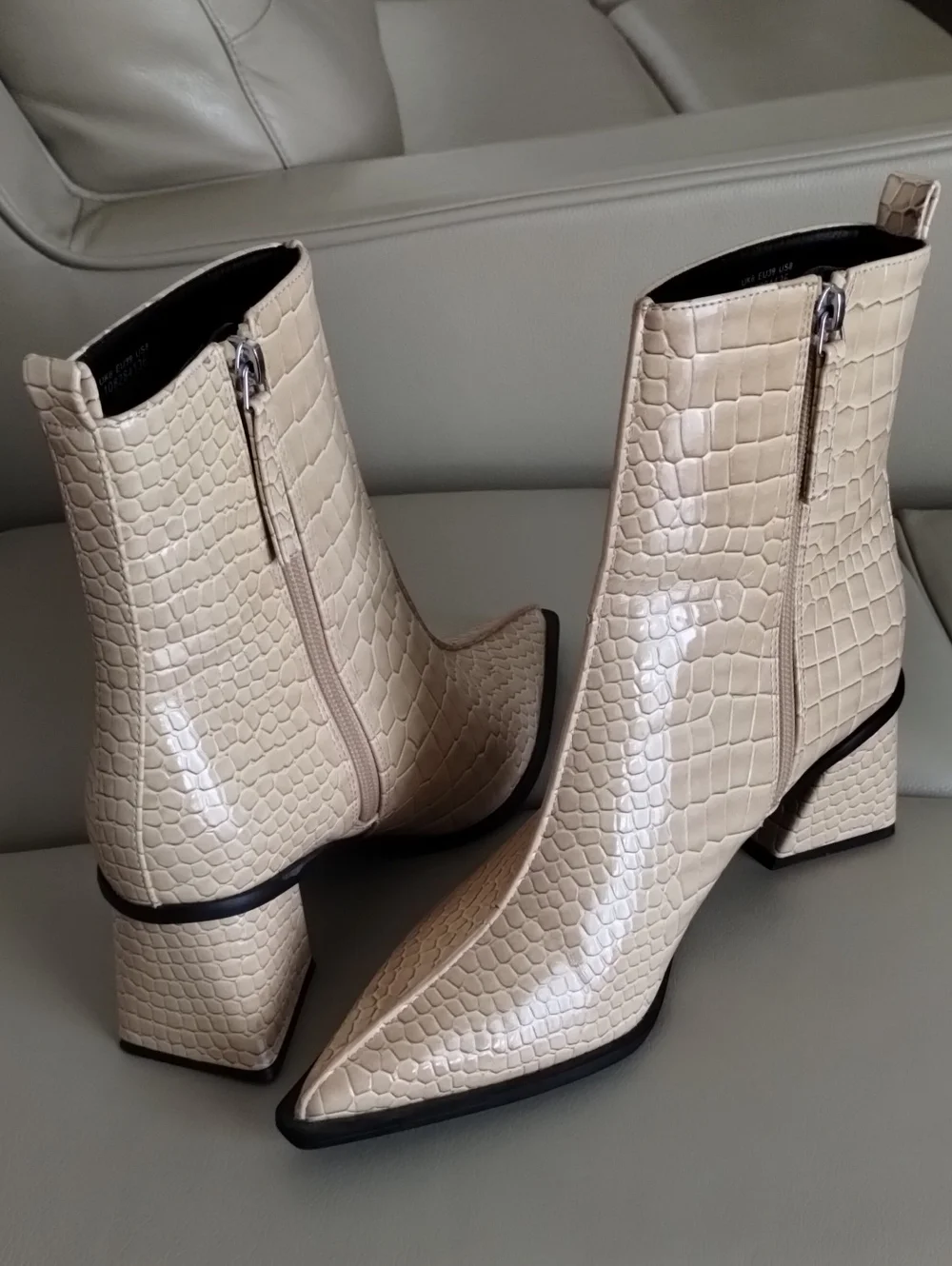 Topshop Cream Croc-Effect Square Toe Ankle Boots
